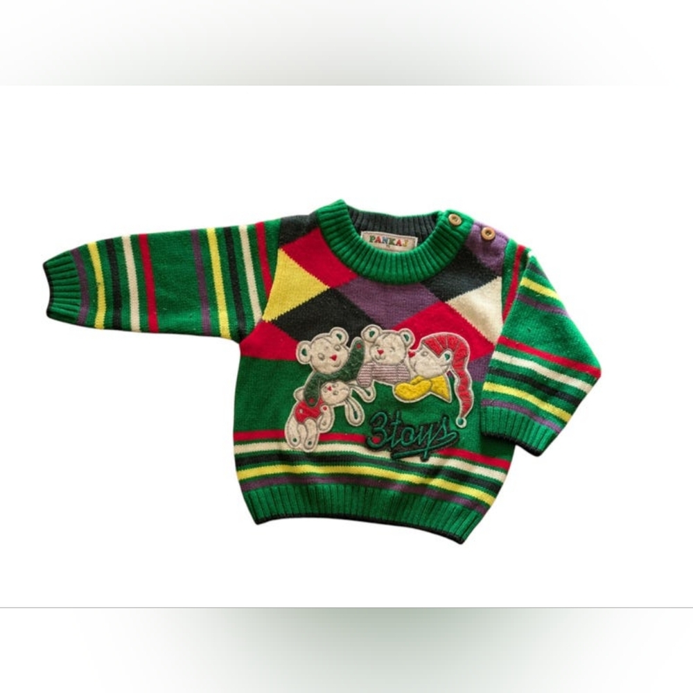 Vintage PANKAJ Size 16 (12 months) Colorful Bear Sweater "3 Toys"